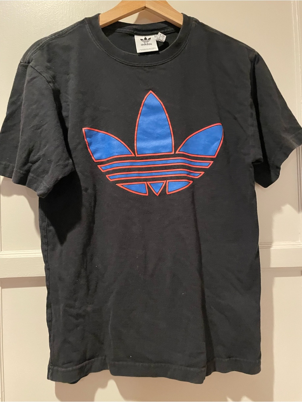 adidas Black Short Sleeve Tee with Blue Trefoil and Red Outline Small